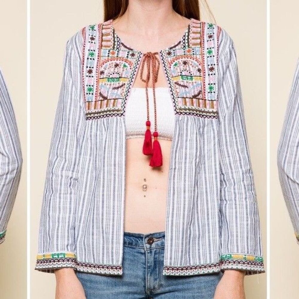 Anthropologie RAGA Embroidered Boho Tassel Tie Open Front